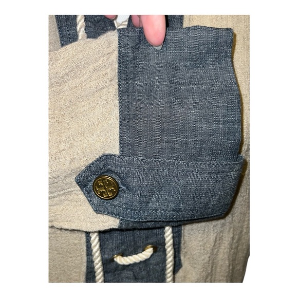 Tory Burch Jonisse tan/blue linen blend tunic top with pockets - Picture 5 of 11